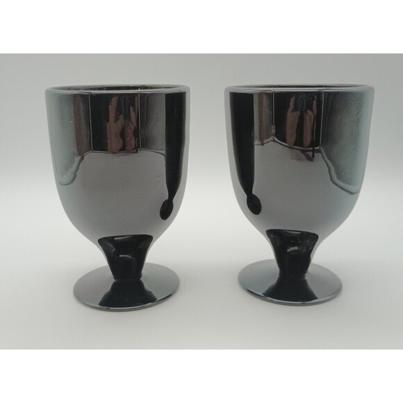 Vtg Black Glass Wine Goblets Water Set Of 2 - Picture 1 of 4